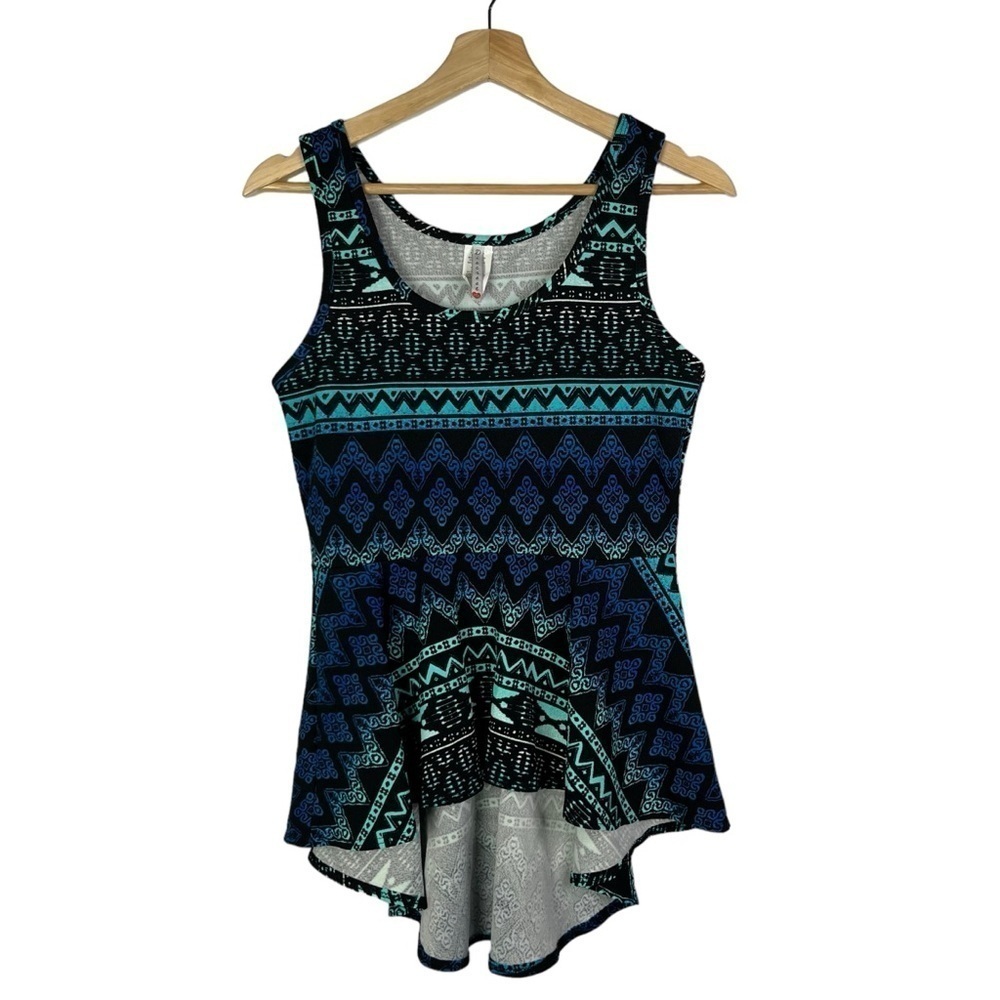 Discreet Black & Blue Printed Peplum High Low Tank Top L